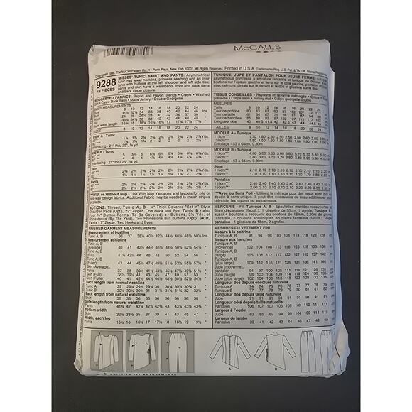 McCalls 9288 Misses Tunic Skirt Pants‎ Palmer Pletsch Pattern uncut - Picture 2 of 3